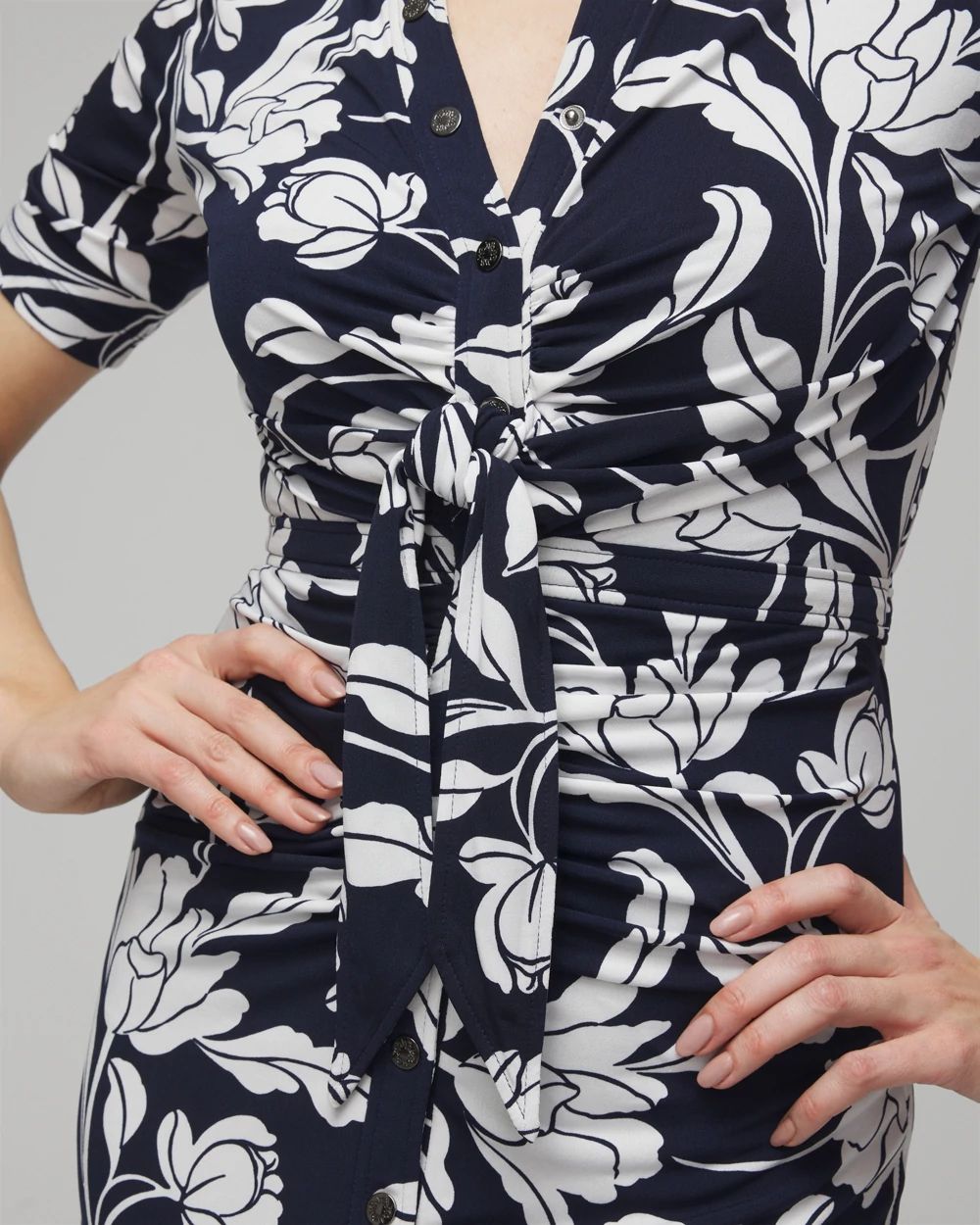 Short Sleeve Matte Jersey Ruched Tie-Front Midi Dress
