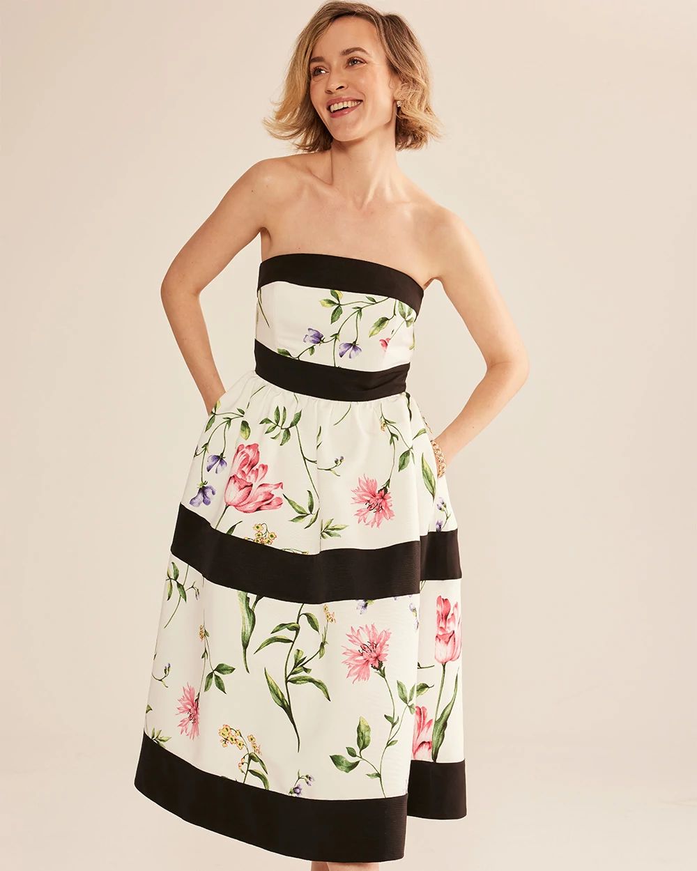 Strapless Floral Contrast Fit & Flare Dress
