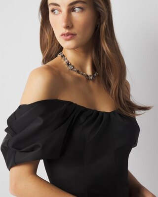Off-The-Shoulder Satin Midi Dress click to view larger image.