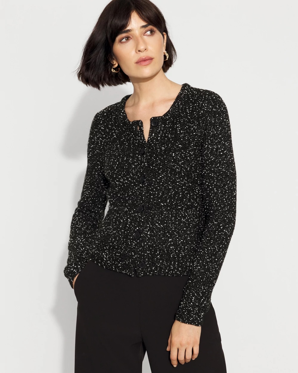 White House Black Market Metallic Tweed Button-front Cardigan Sweater In Black