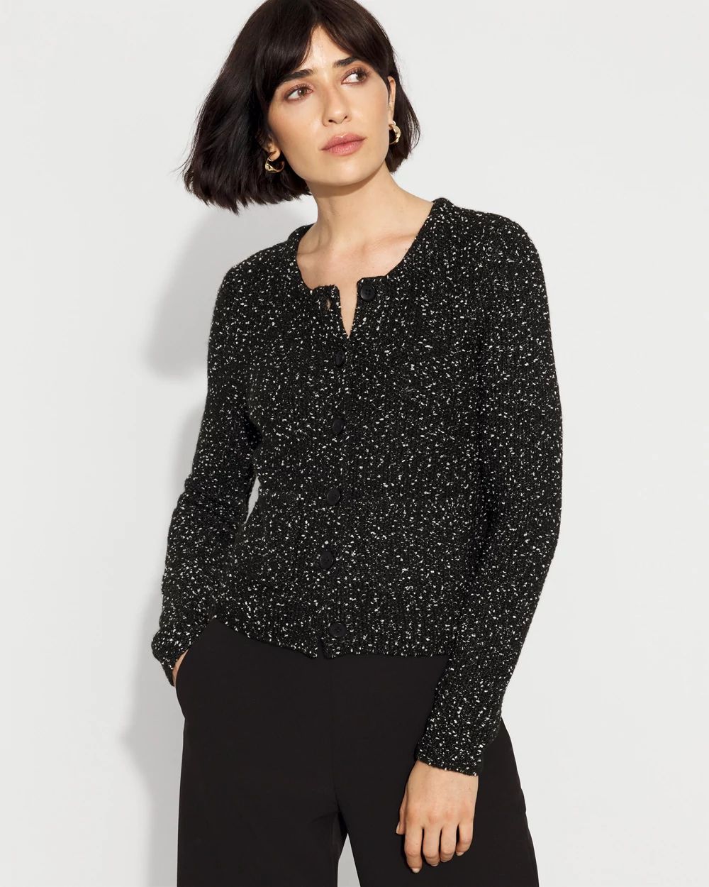 Metallic Tweed Button-Front Cardigan