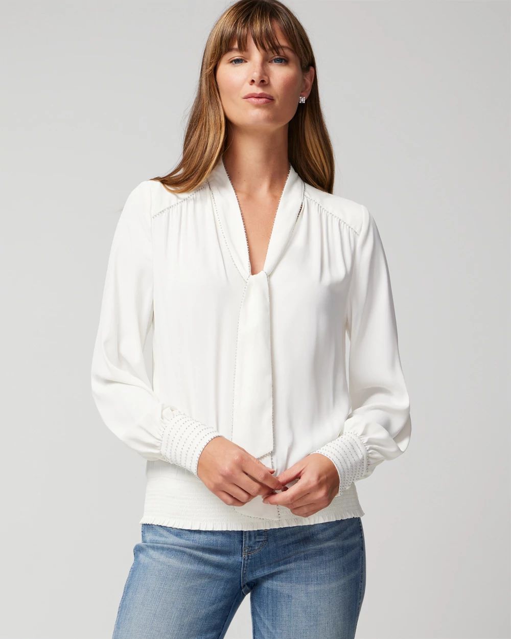 Long Sleeve Tie V-Neck Blouse