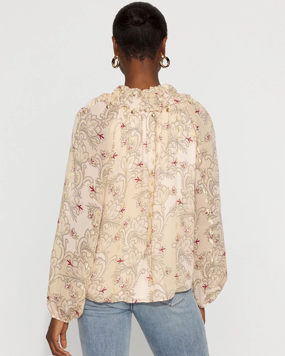 Floral Ruffle Neck Blouse with Gold Clip