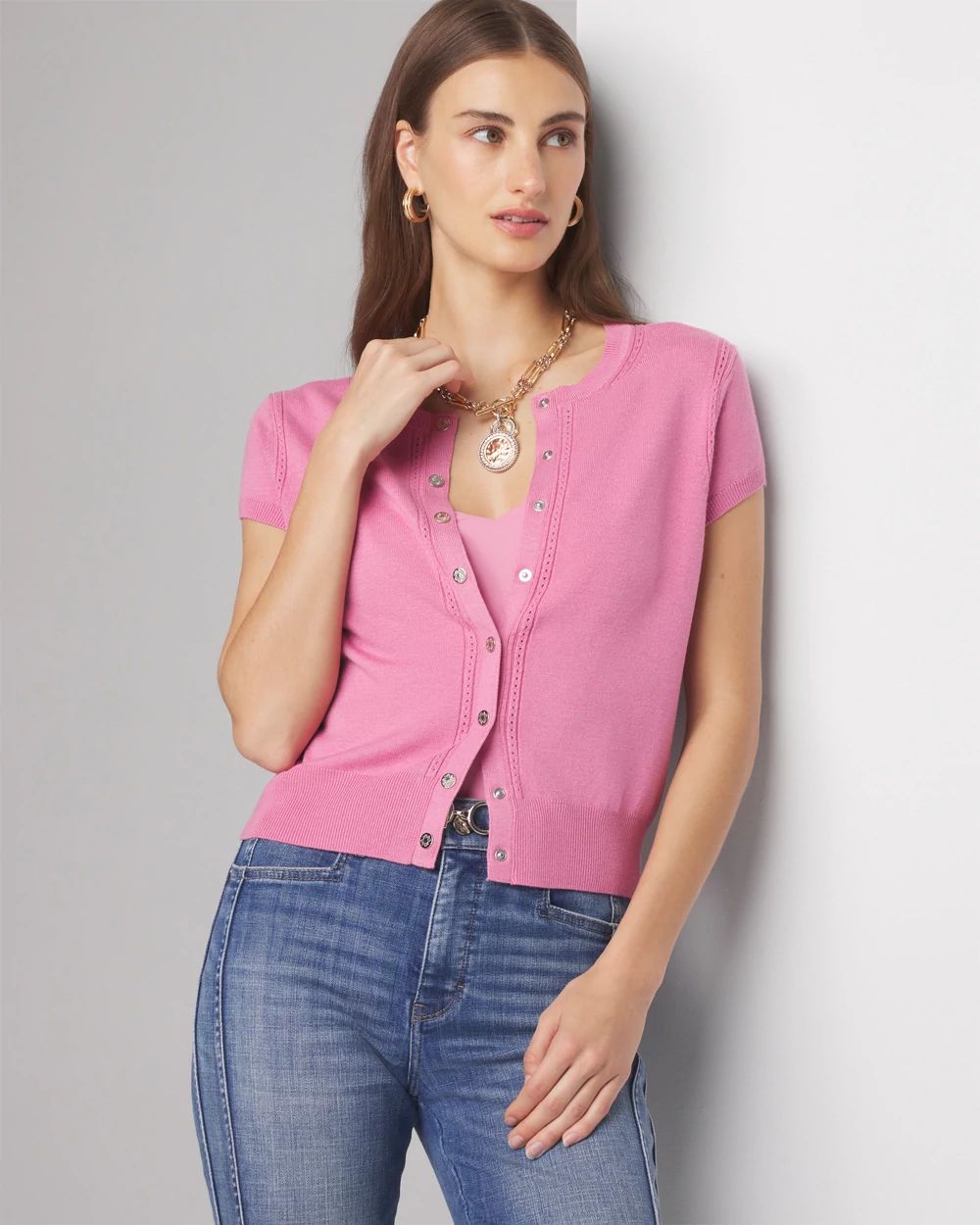 Crewneck Pointelle Cardigan Sweater click to view larger image.