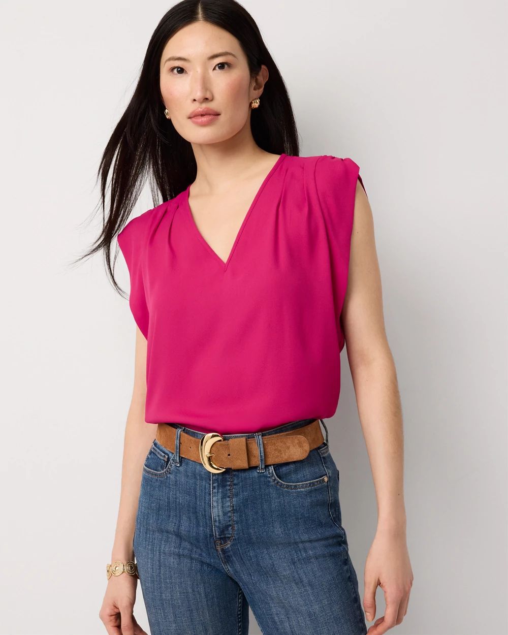 Petite Ruched Shoulder Crepe Shell