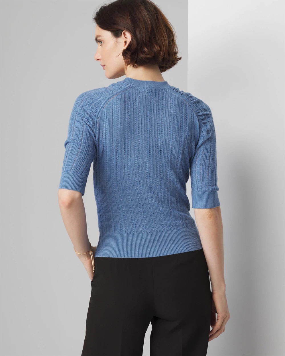 Cashmere-Blend Elbow-Sleeve Shirred Sweater