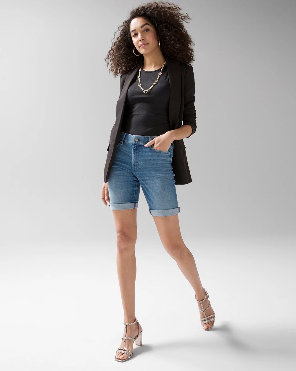Curvy Relaxed Mid-Length Denim Shorts in Brockport Wash: Ripped Edition