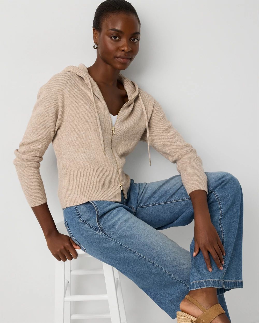 Rib Knit Zip Hooded Sweater Jacket