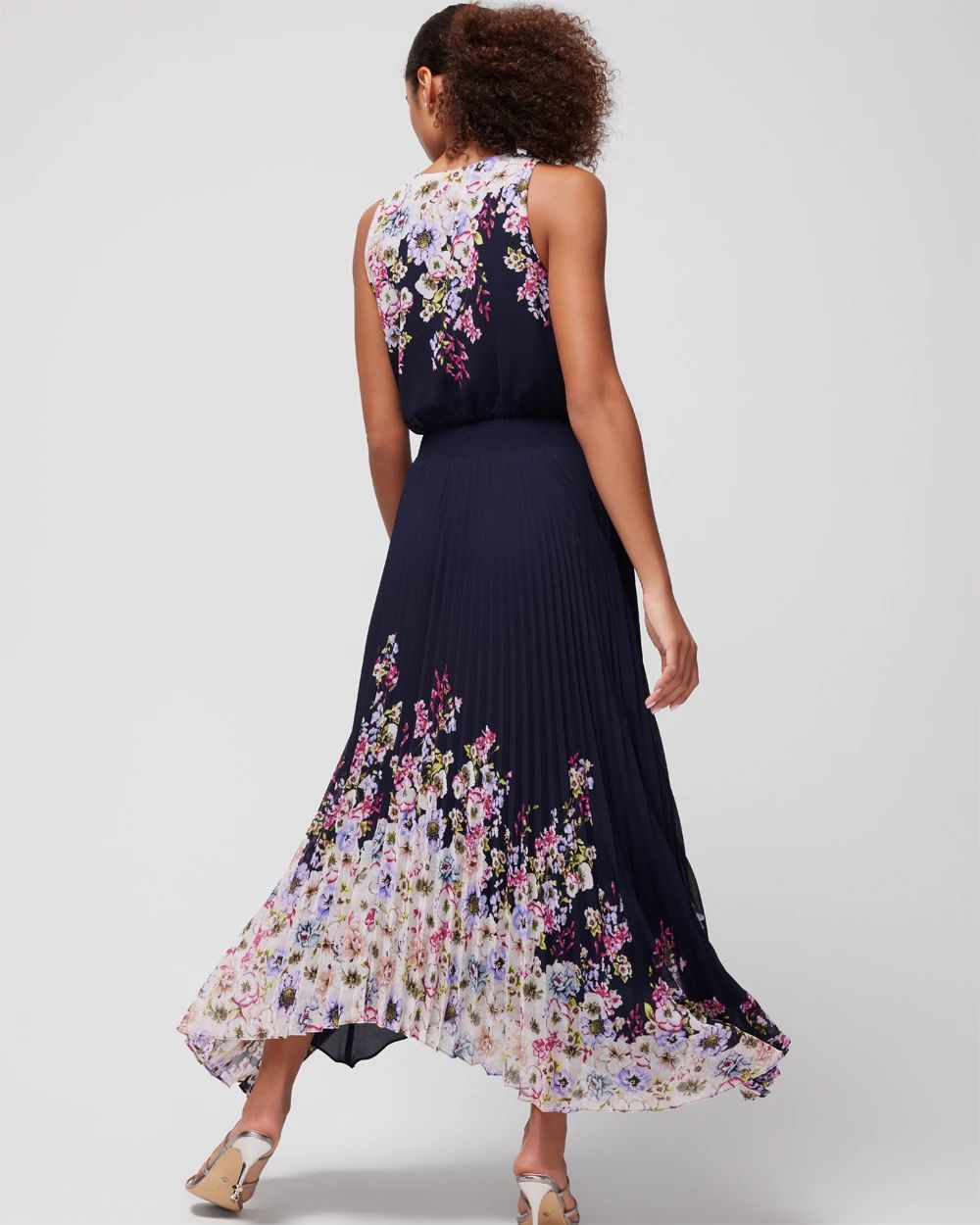 Sleeveless Smocked V-Neck Pleated Midi Dress