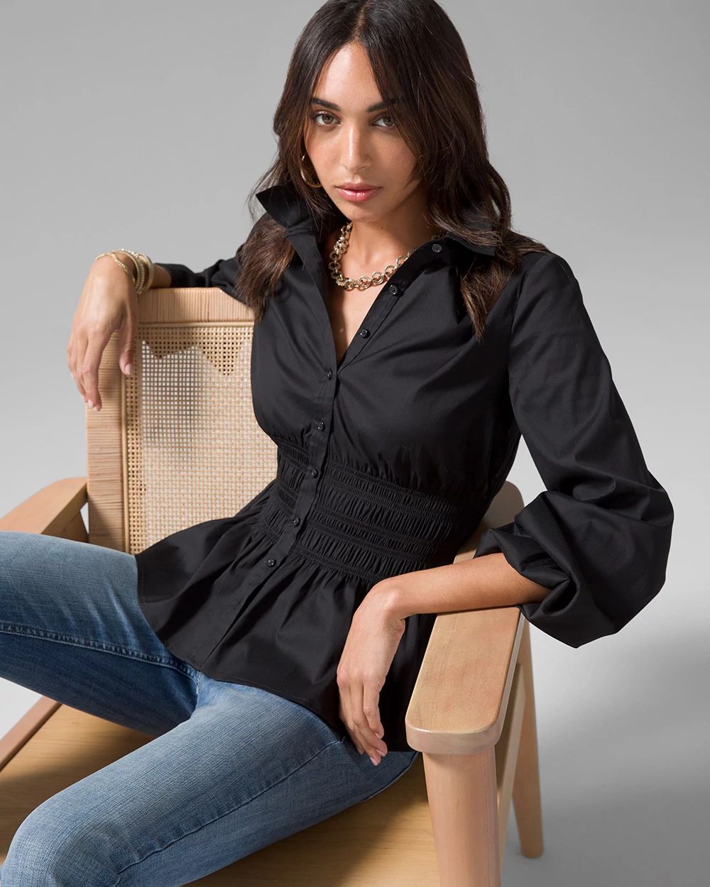 Smocked Waist Poplin Shirt