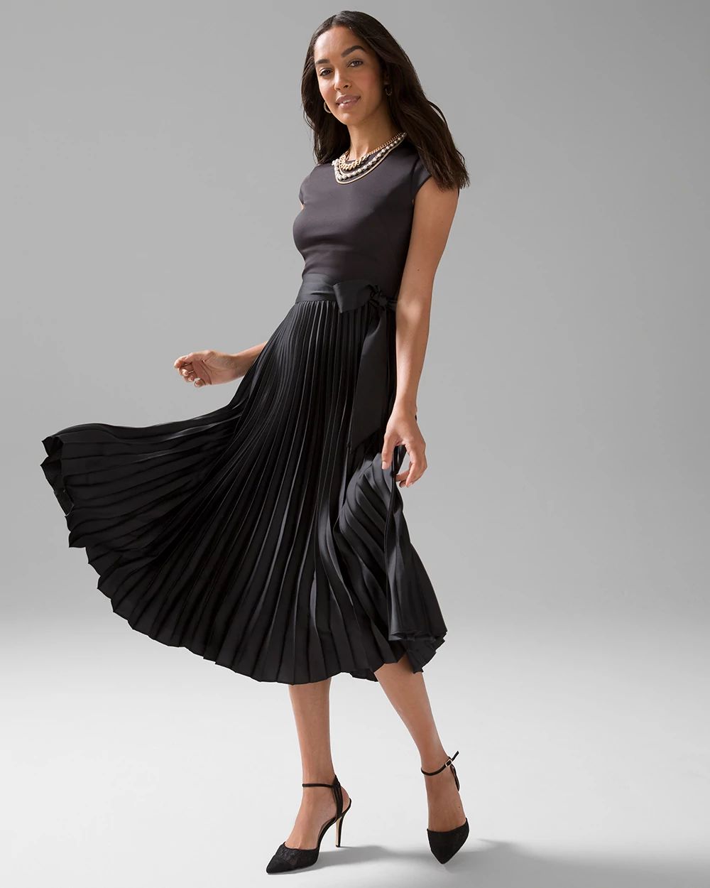 Scuba Knit & Satin Pleated Dress