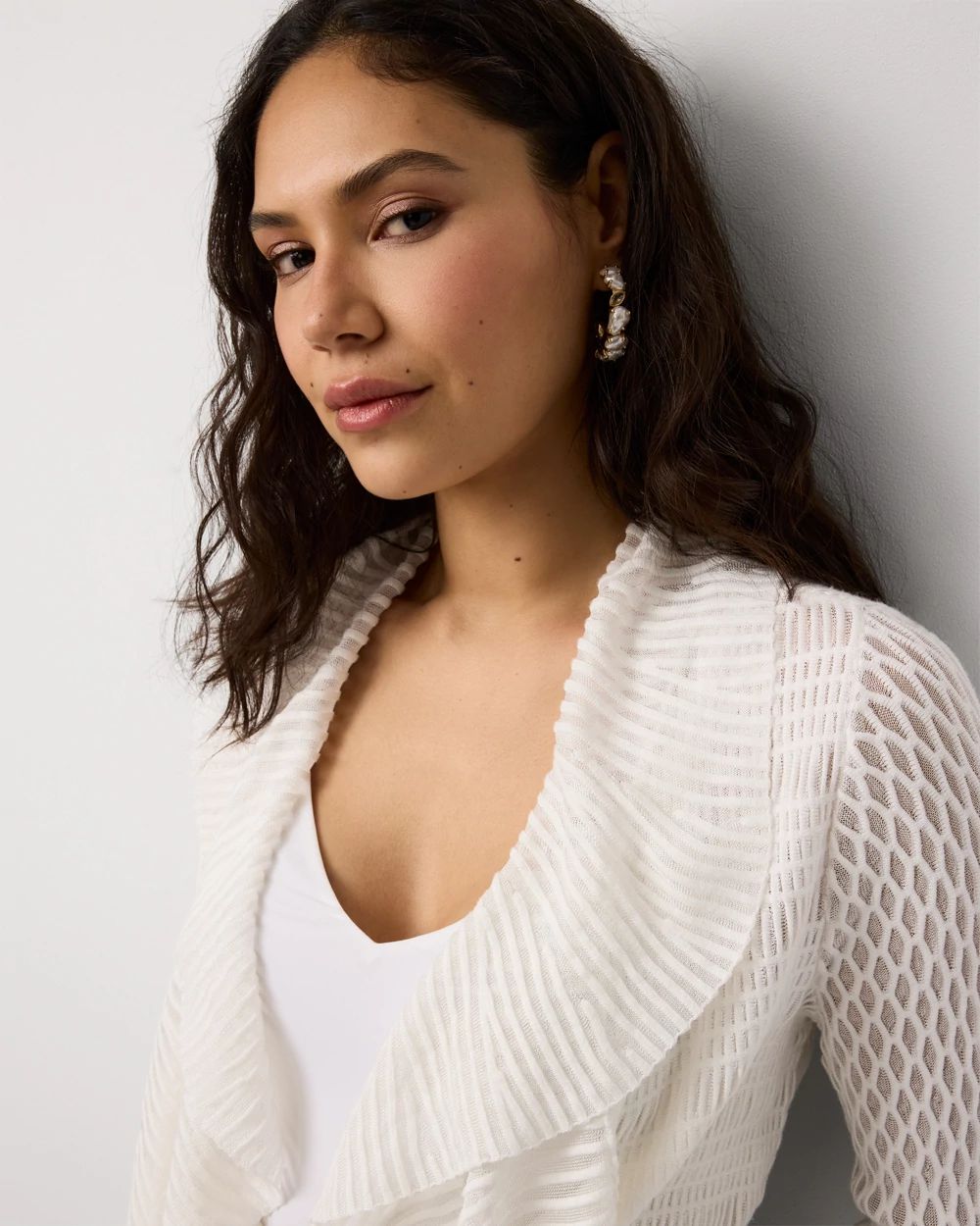 Petite Long Sleeve Pointelle Peplum Cardigan click to view larger image.