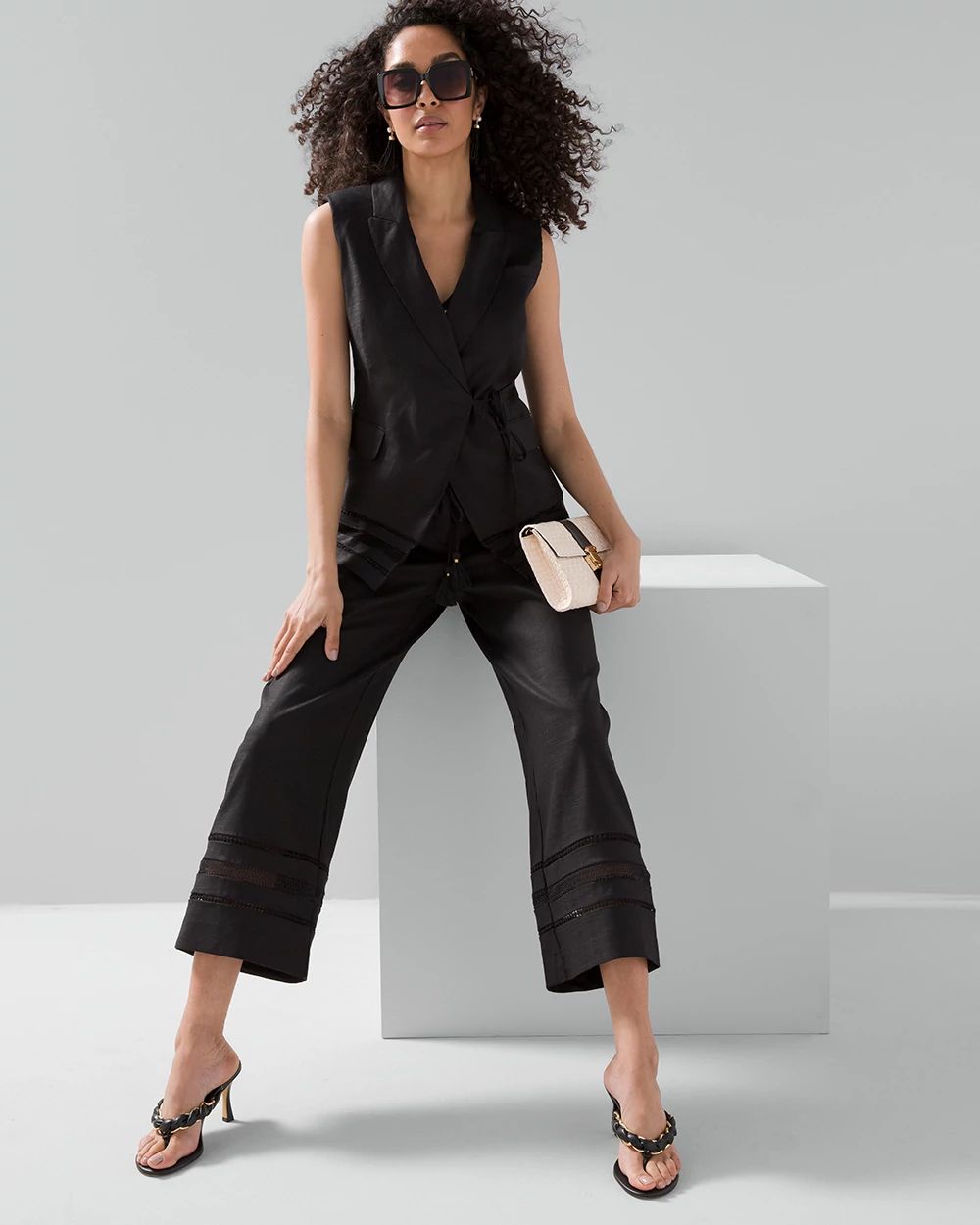 Linen-Blend Tassel-Tie Wide-Leg Crop Pants