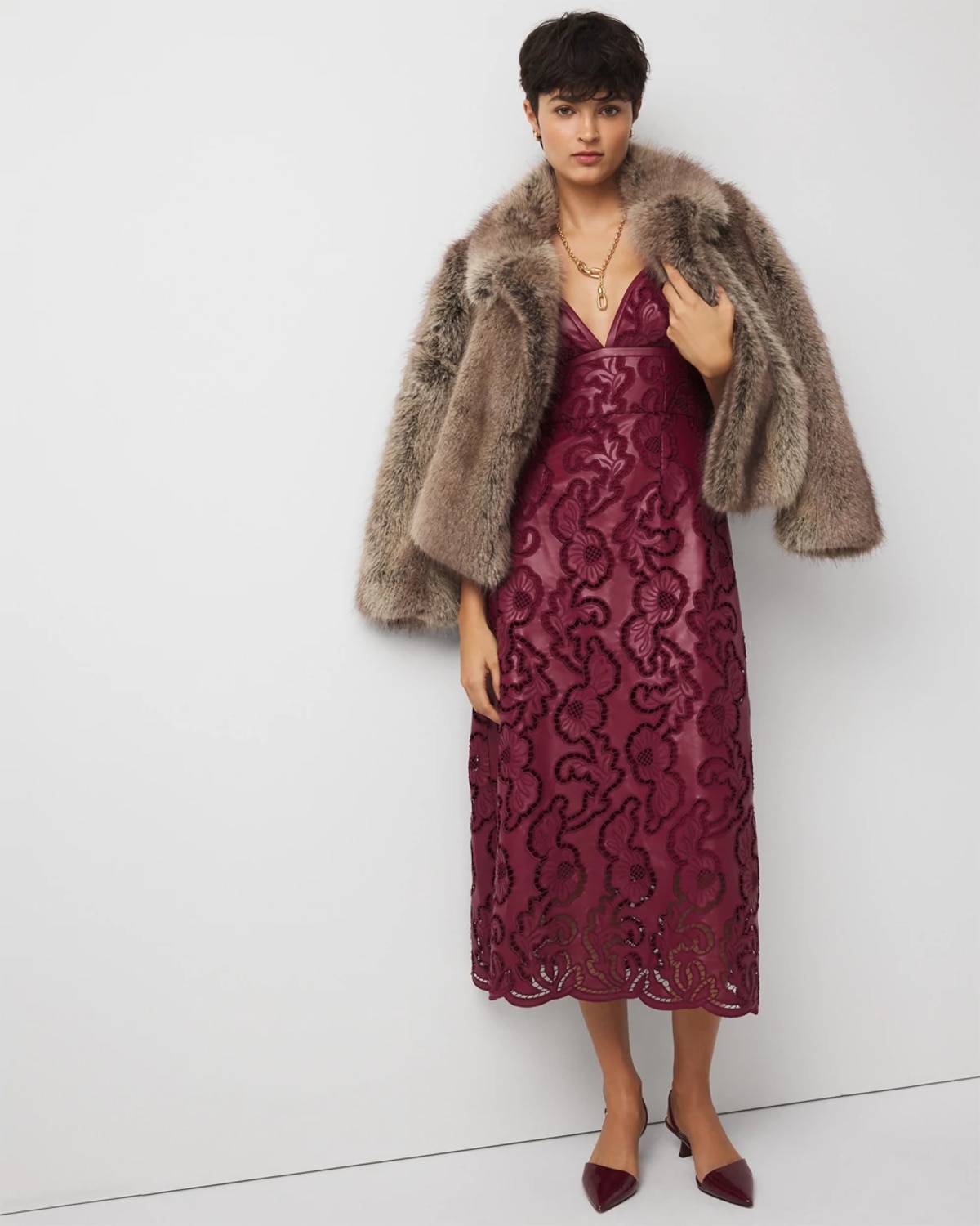 White House Black Market Faux Leather Lace Midi Dress In Burgundy