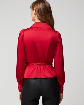 Petite Long Sleeve Wrap Satin Blouse