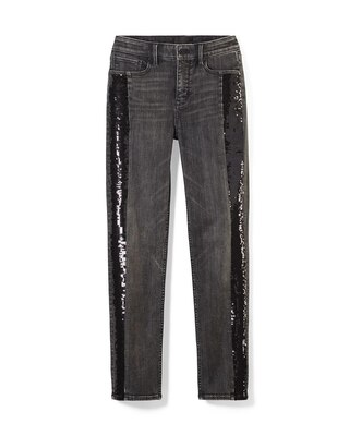 High-Rise Sequined Tuxedo Stripe Straight Jeans | White High-Rise Sequined Tuxedo Stripe Straight Jeans | White