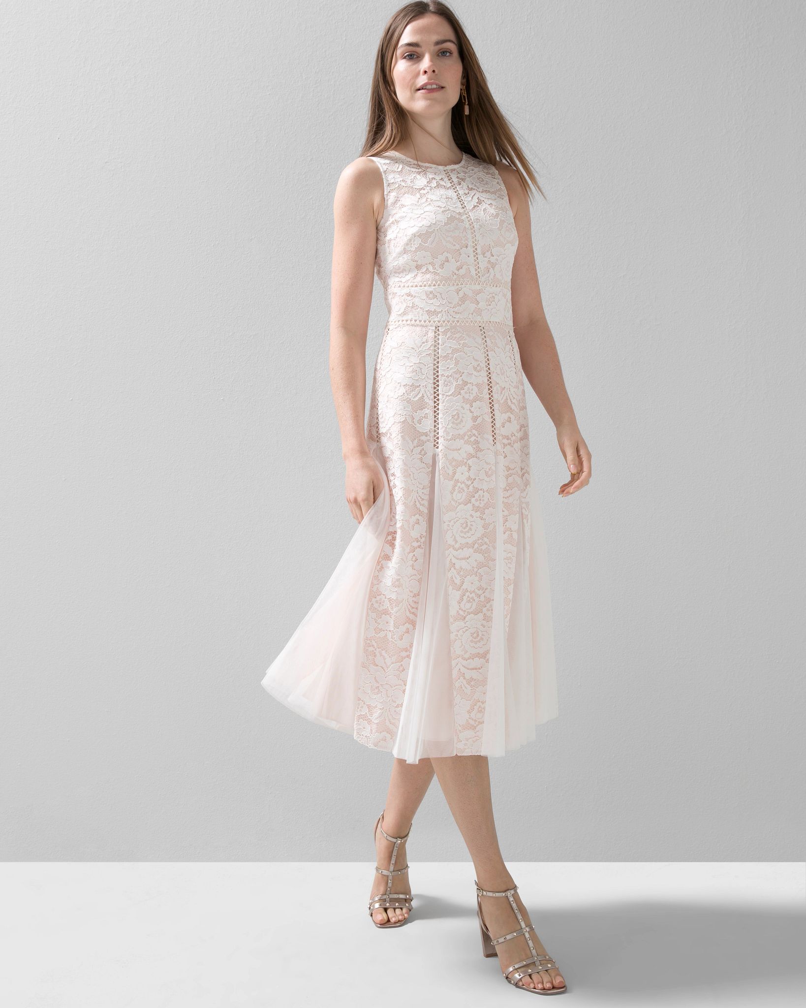 Sleeveless All-Over Lace Fit-and-Flare Godet Dress