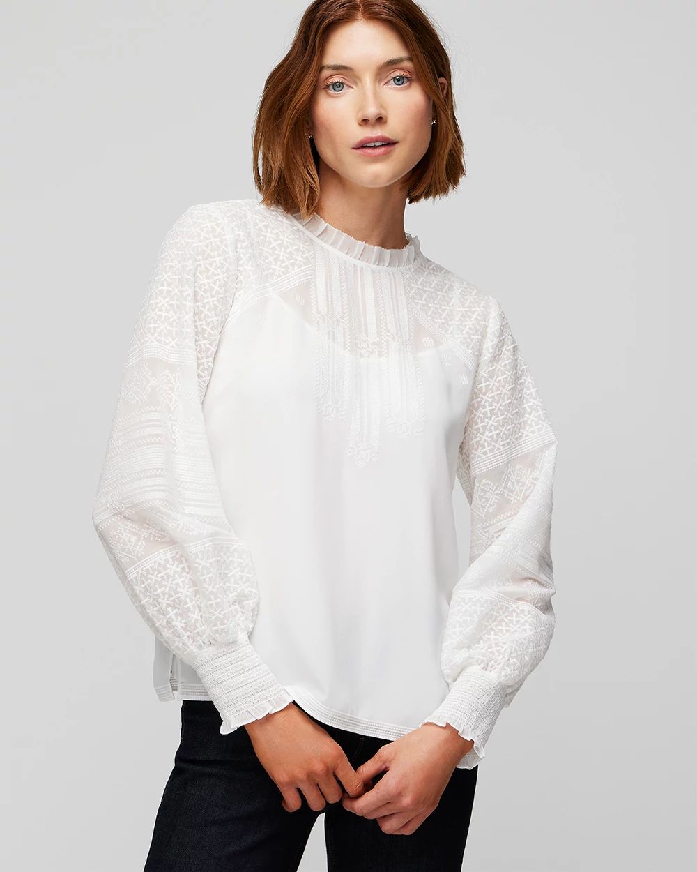 Petite Long Sleeve Embroidered Blouse