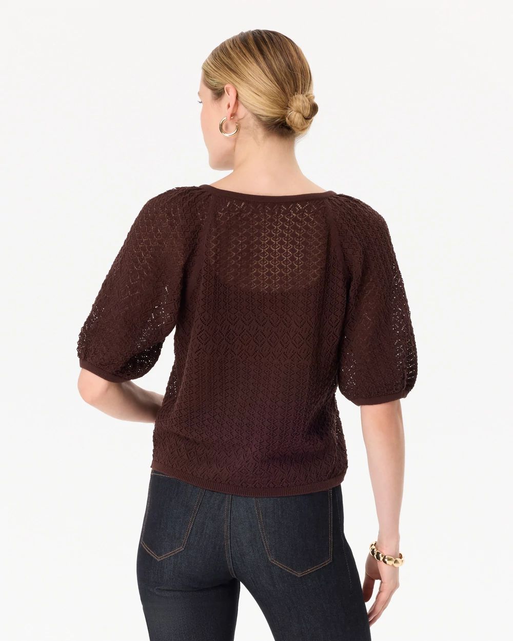 Pointelle Knit Puff Sleeve Pullover click to view larger image.