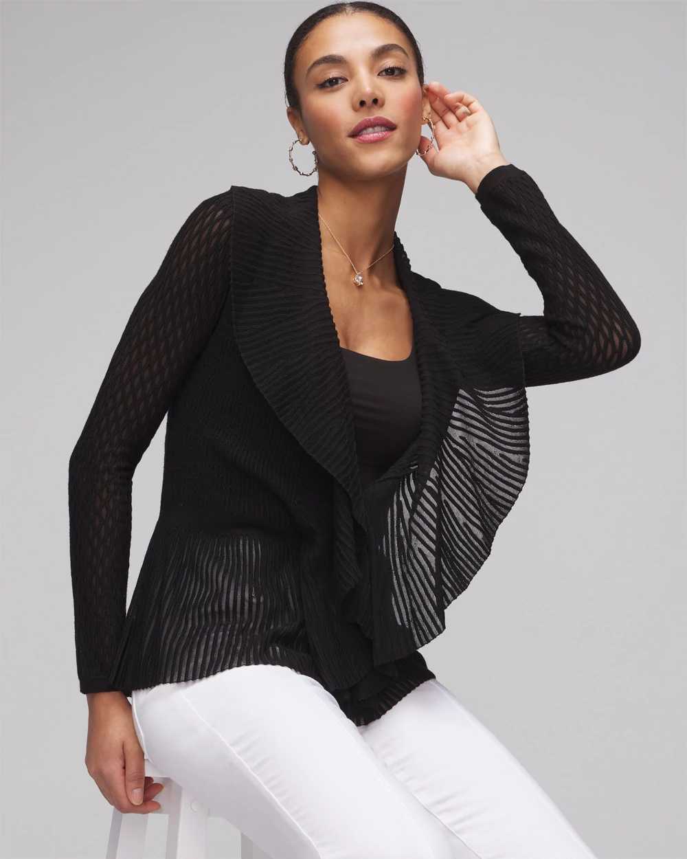 Long Sleeve Pointelle Peplum Cardigan click to view larger image.