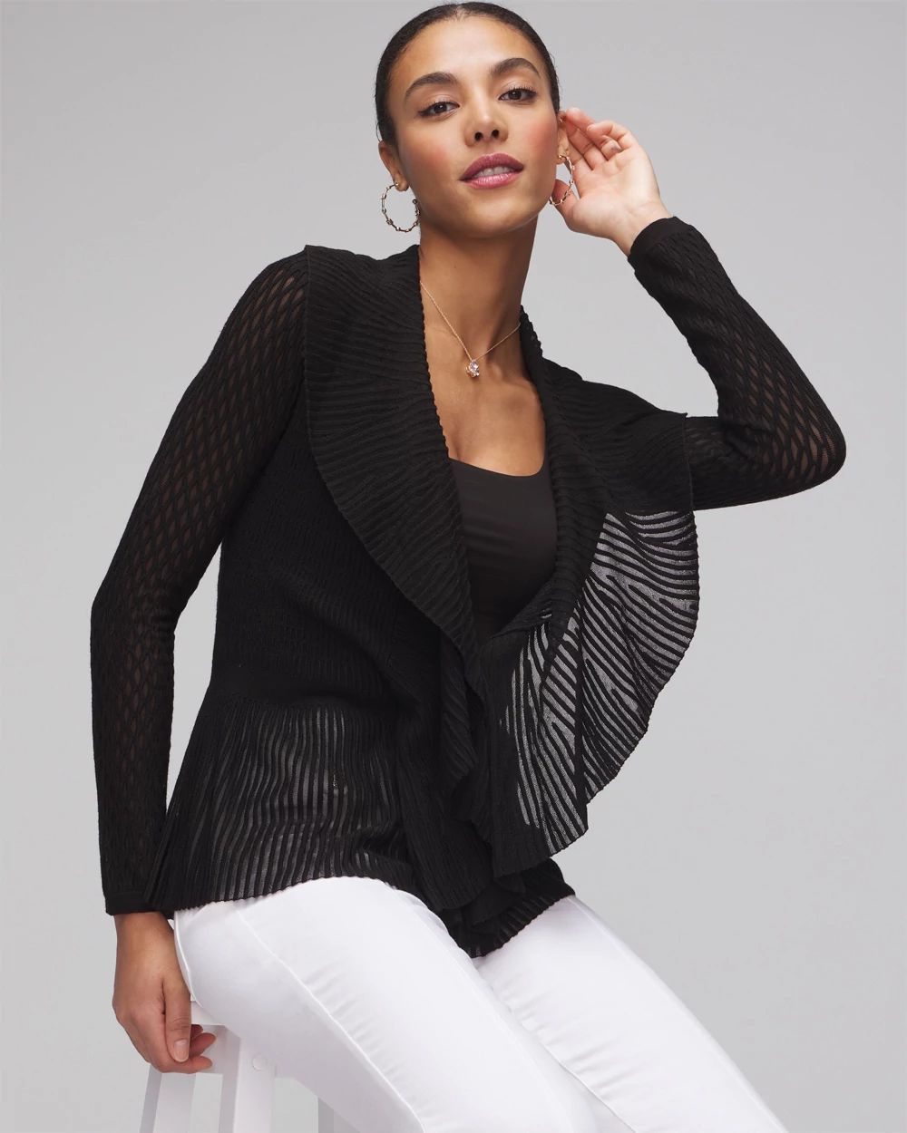Long Sleeve Pointelle Peplum Sweater Cardigan
