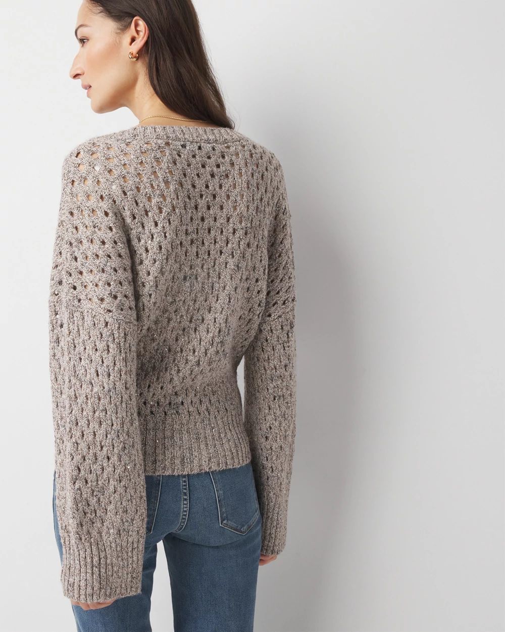 V-Neck Open Stitch Sequin Sweater click to view larger image.