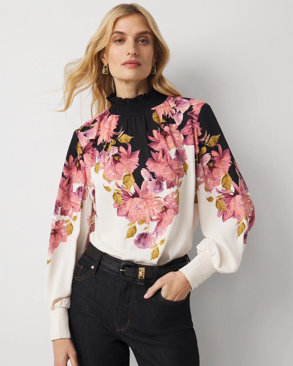 Smocked Neck Crepe Blouse