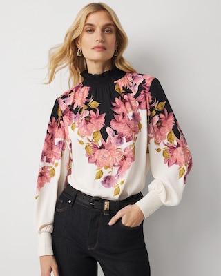 Smocked Neck Crepe Blouse