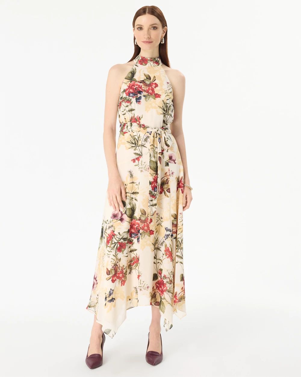 Petite Handkerchief Hem Chiffon Halter Midi Dress