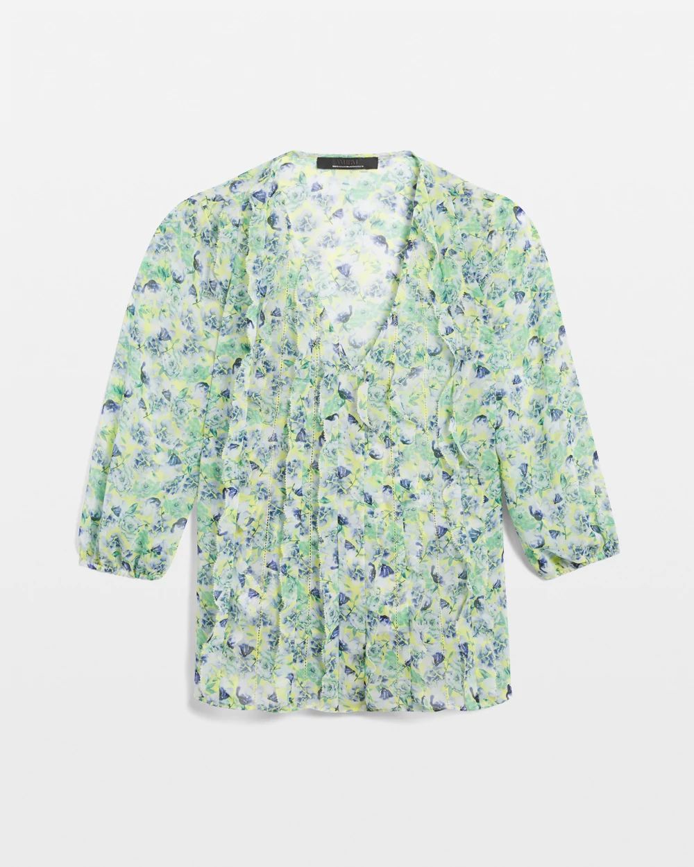 3/4 Sleeve V-Neck Ruffle Front Blouse