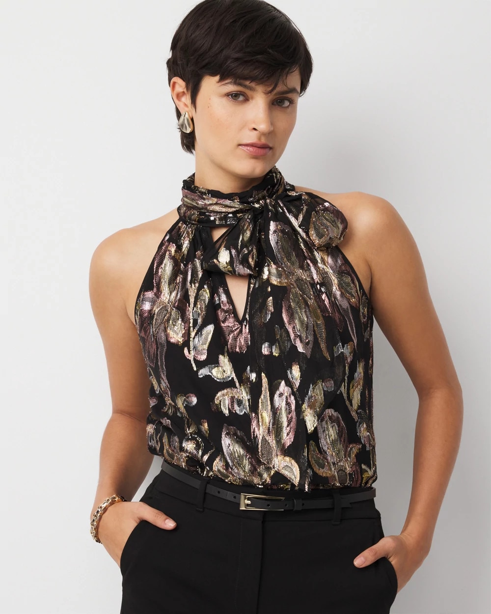 Floral Jacquard Tie-Neck Blouse