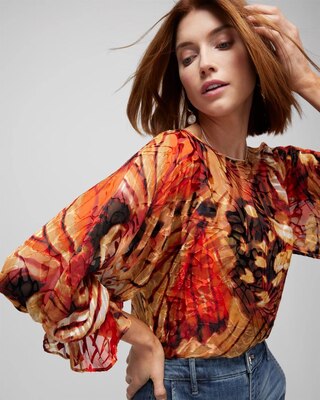 Long-Sleeve Silk Boat Neck Burnout Blouse