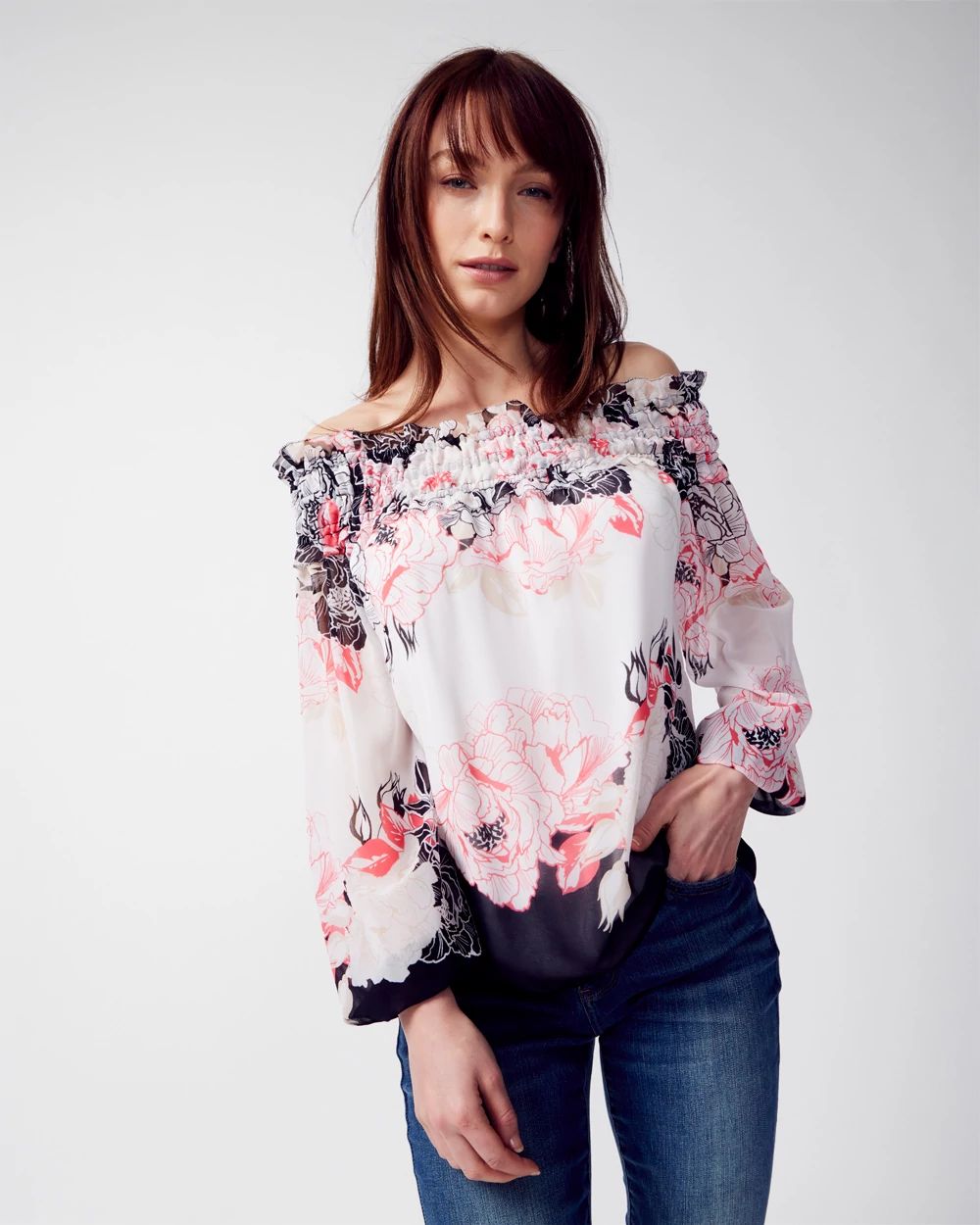 Long-Sleeve Off the Shoulder Ruffle Blouse