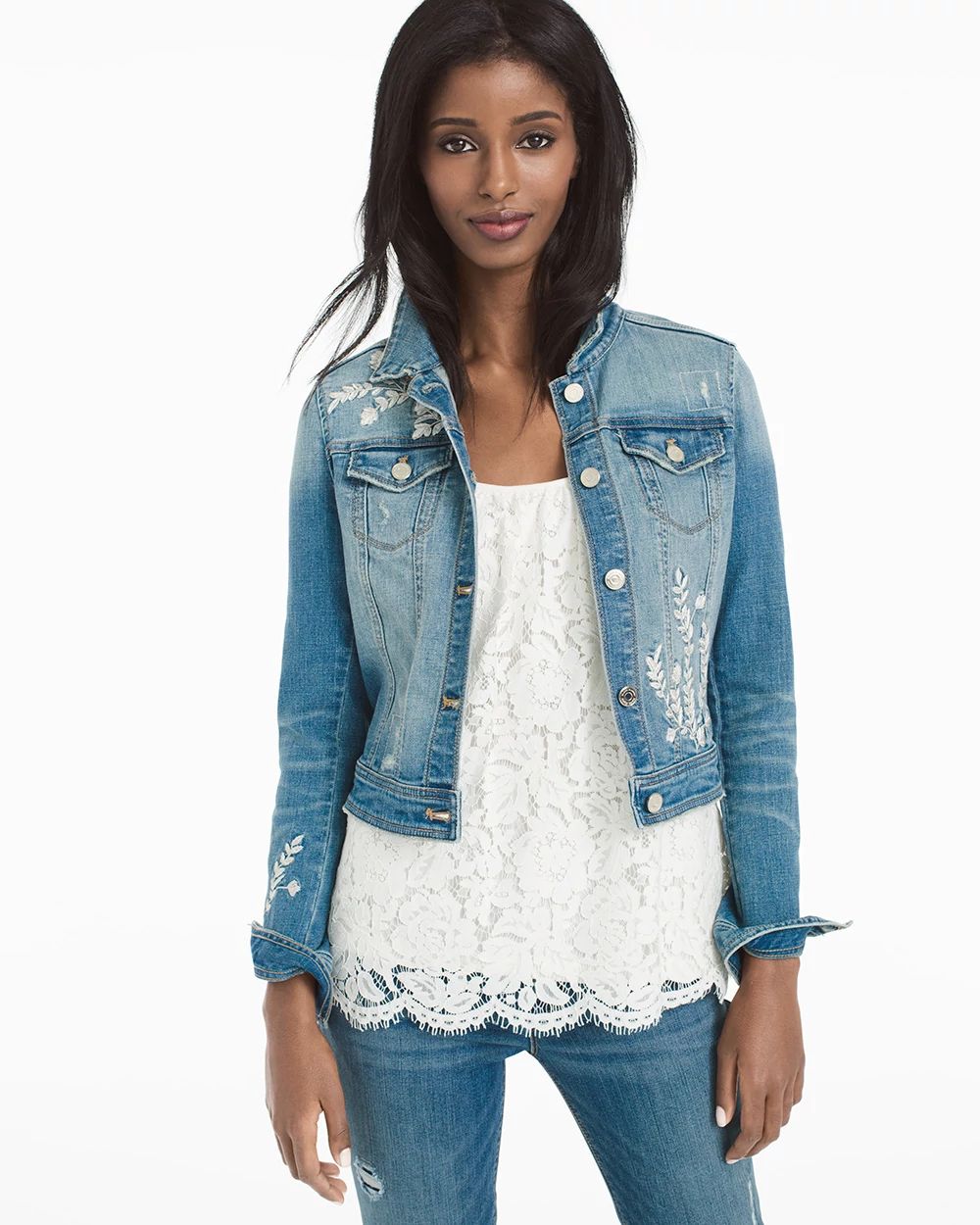 Embroidered and Destructed Denim Jacket White House Black Market