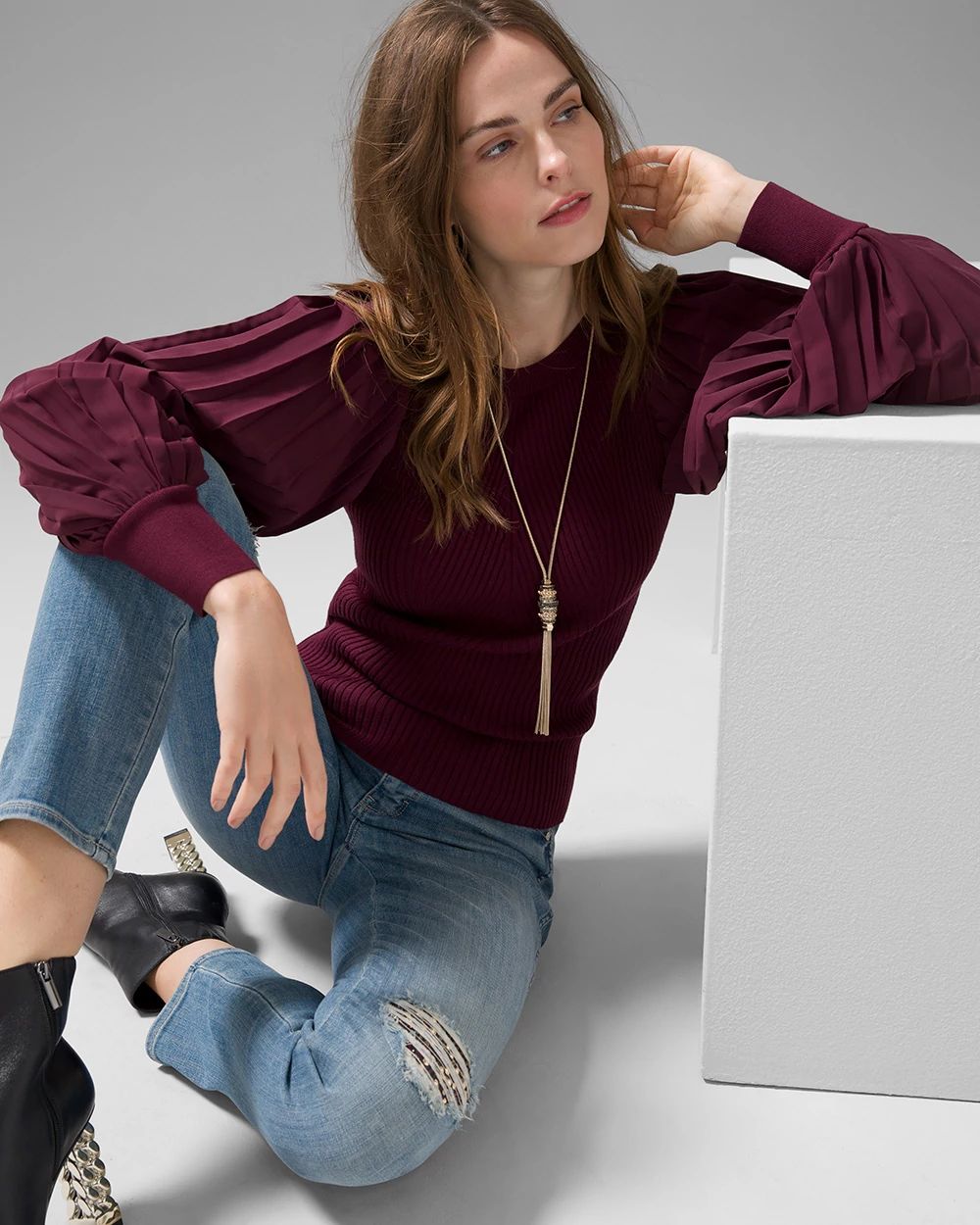 Pleated sleeve sweater shop