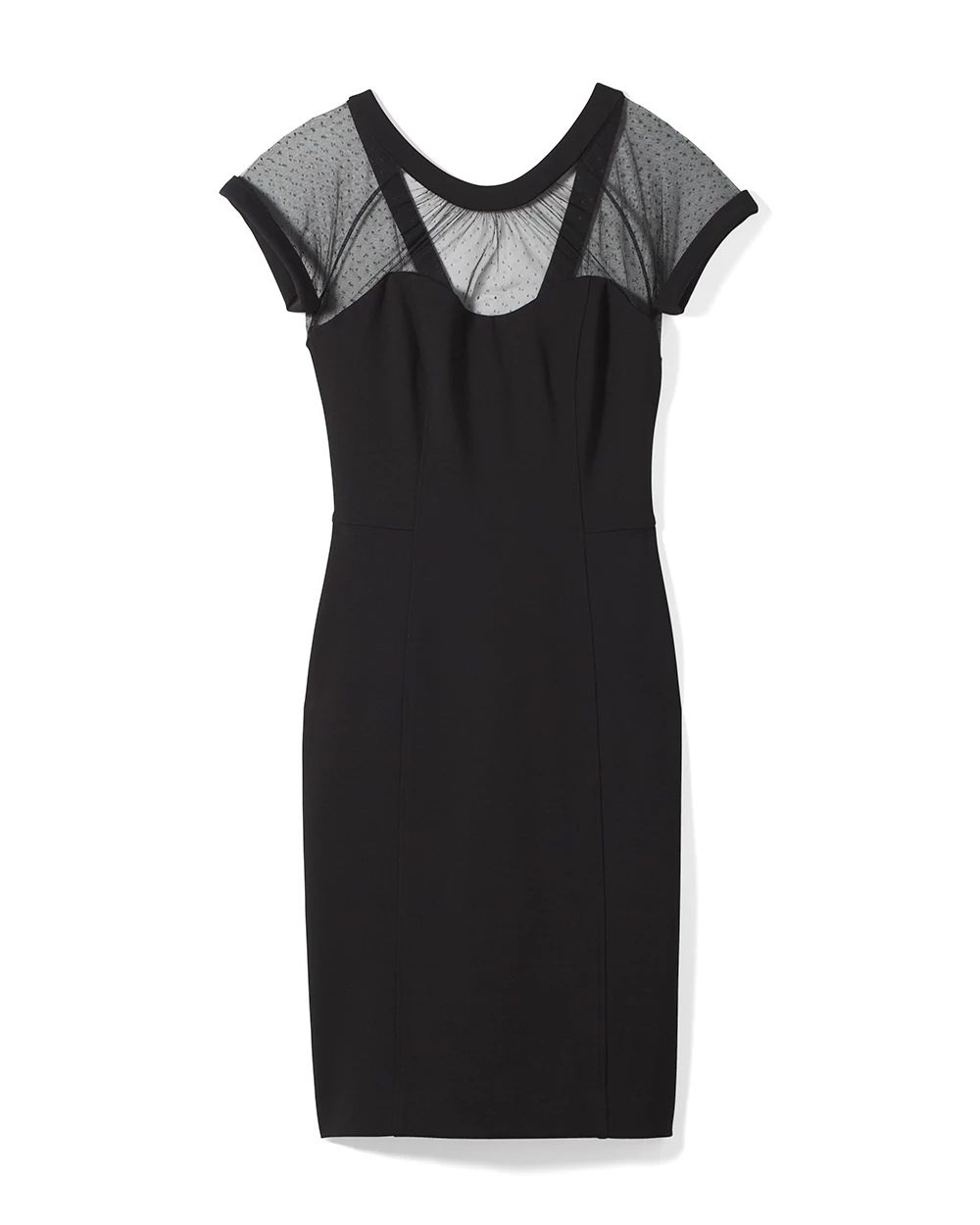 Petite Swiss Dot & Mesh Neckline Black Dress