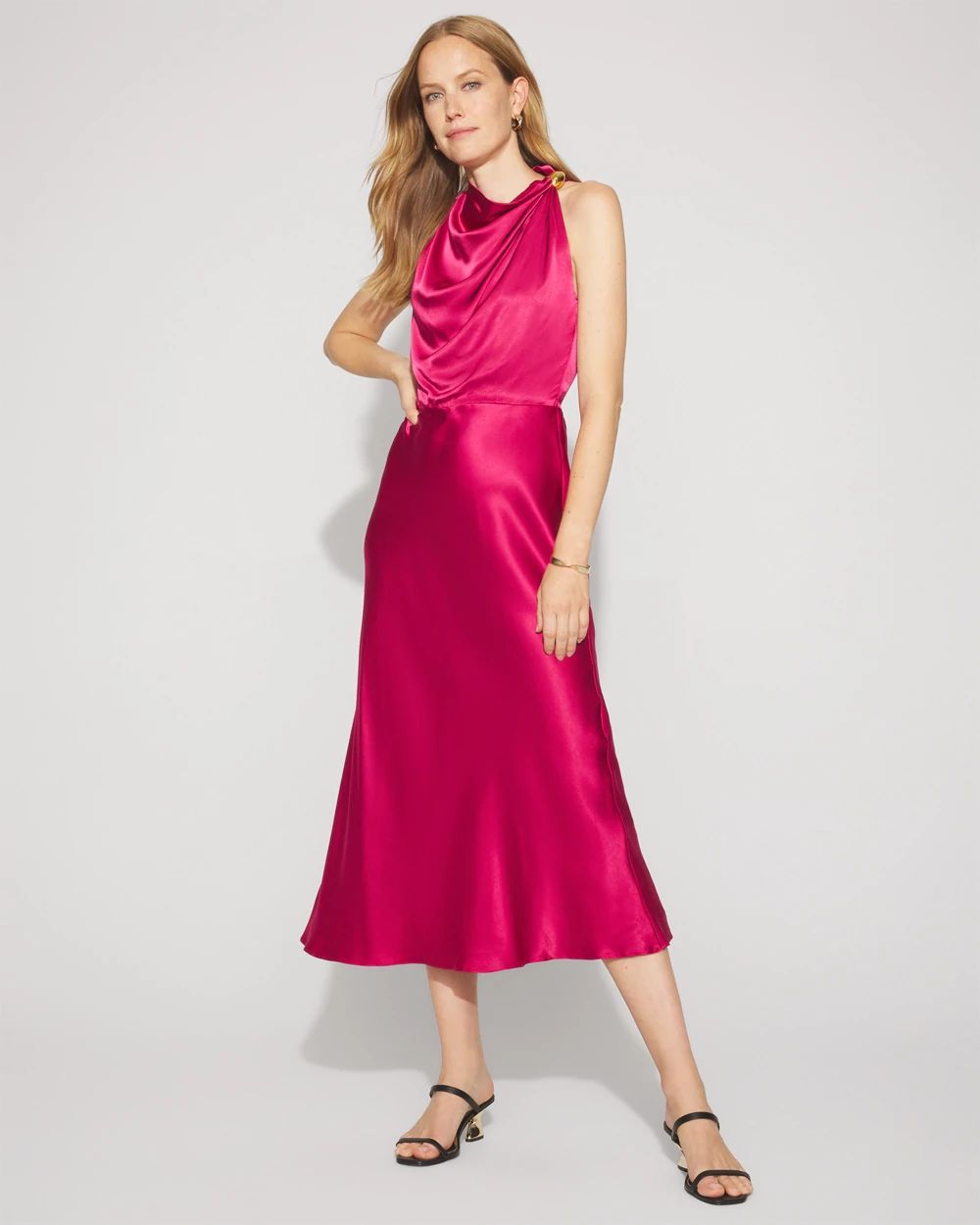 High-Neck Satin Midi Dress