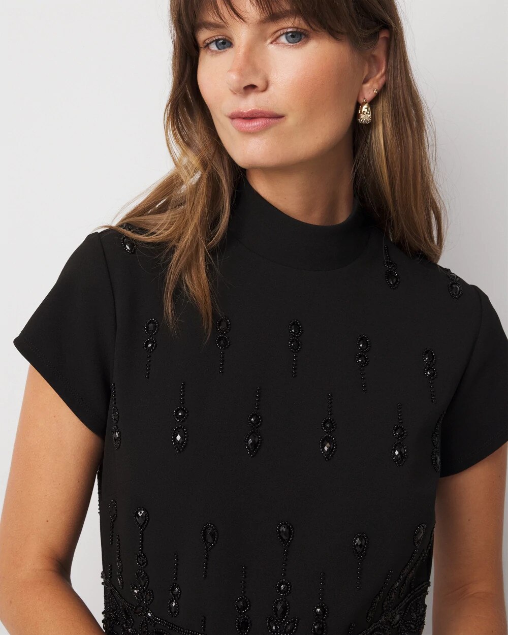 White House Black Market Petite Mockneck Embellished Crepe Dress Top In Multi