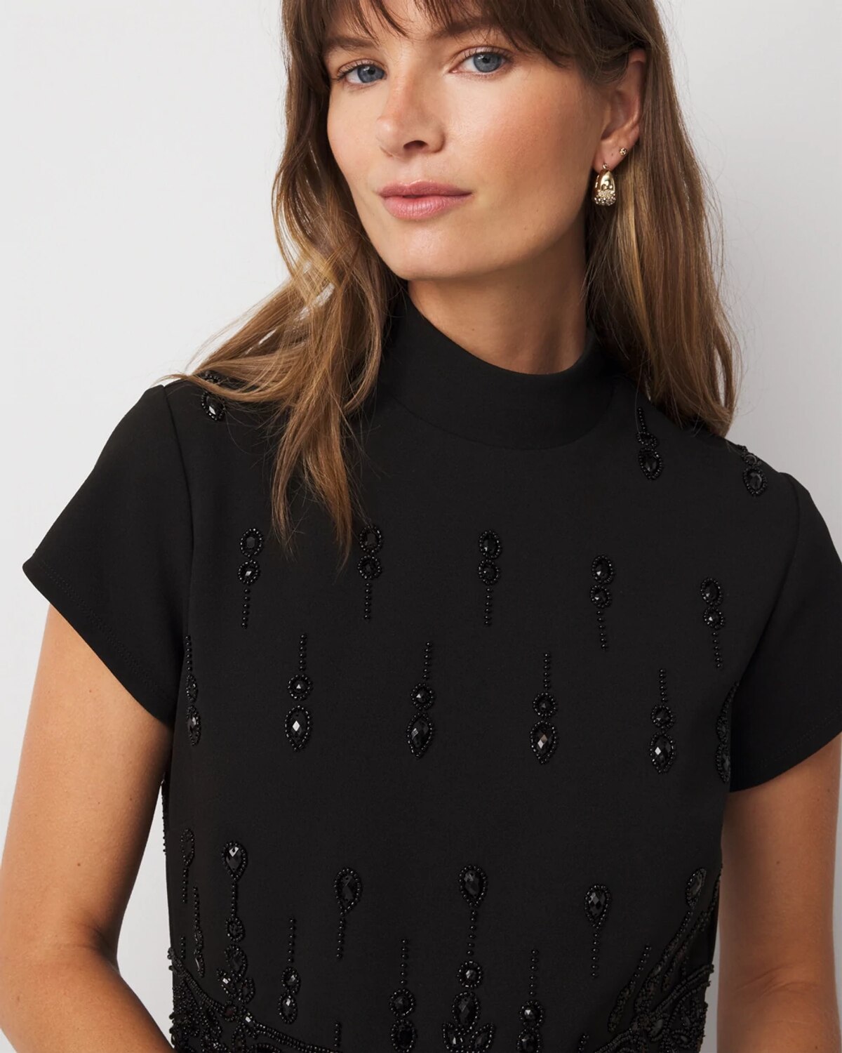 White House Black Market Petite Mockneck Embellished Crepe Dress Top In Multi