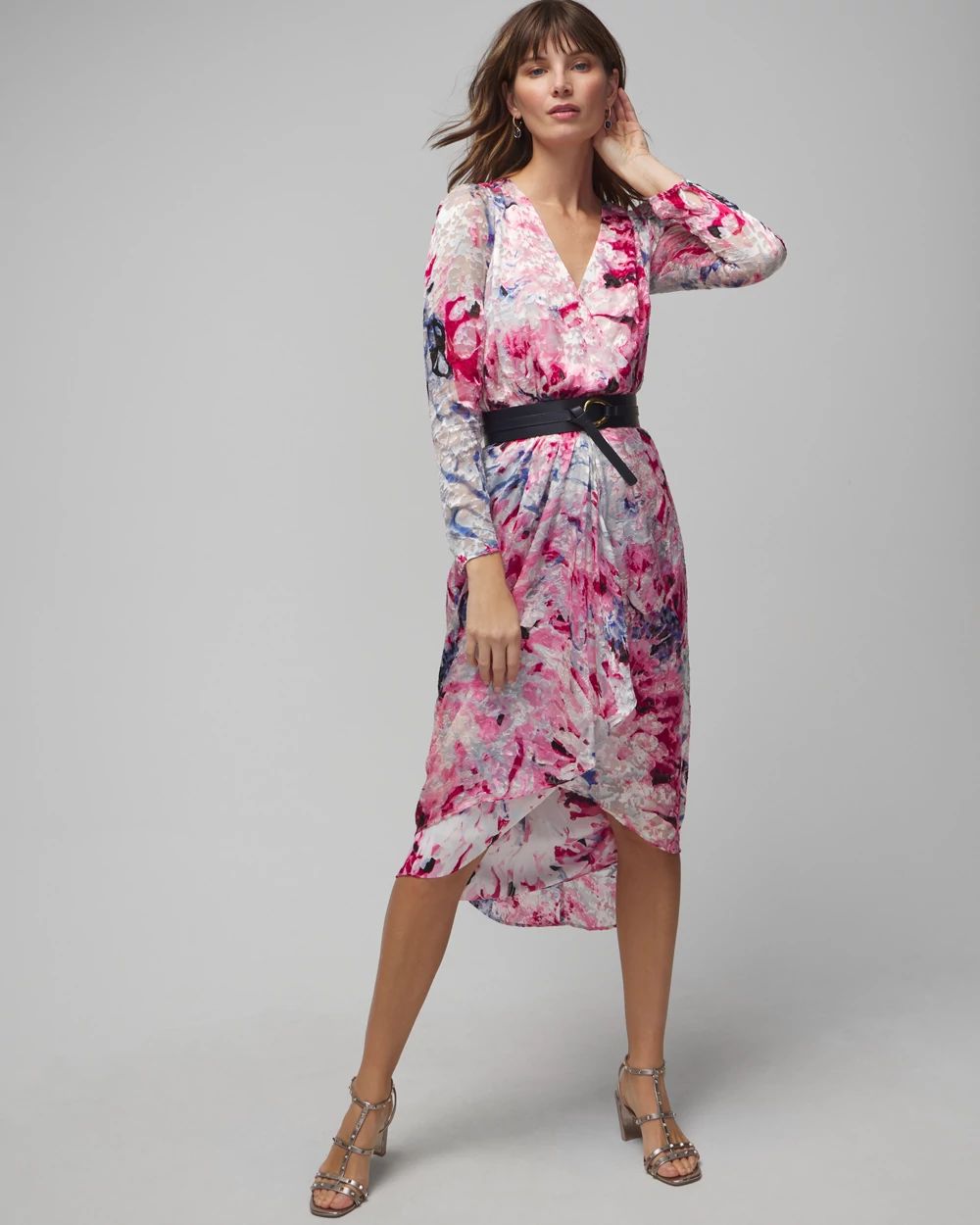 Long Sleeve Burnout Ruched Front Midi Dress