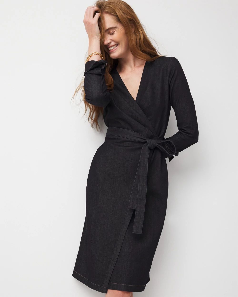 Petite Denim Wrap Midi Dress