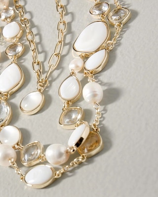 Faux Pearl & Goldtone Multirow Necklace click to view larger image.