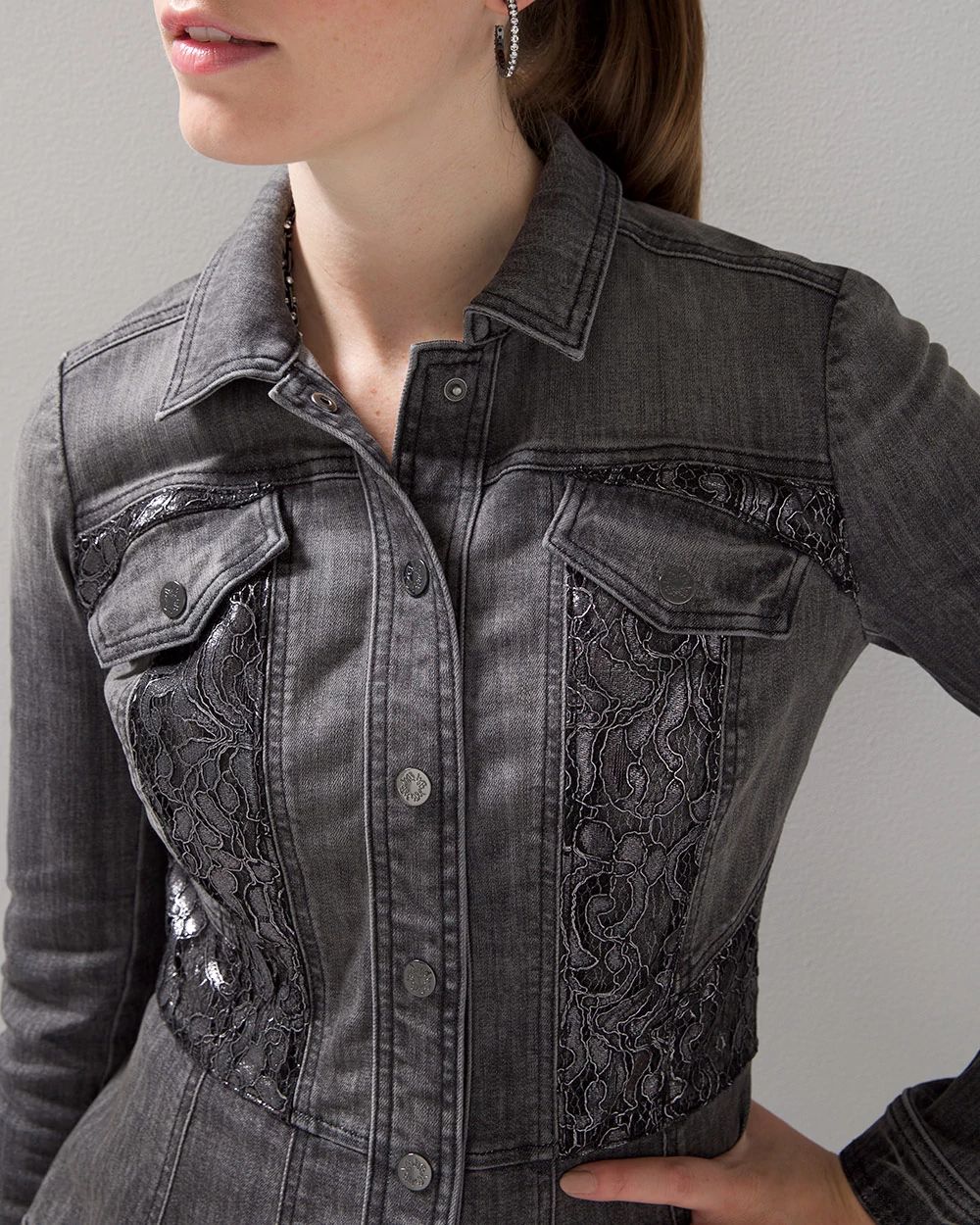 Lace Inset Denim Trucker Jacket click to view larger image.