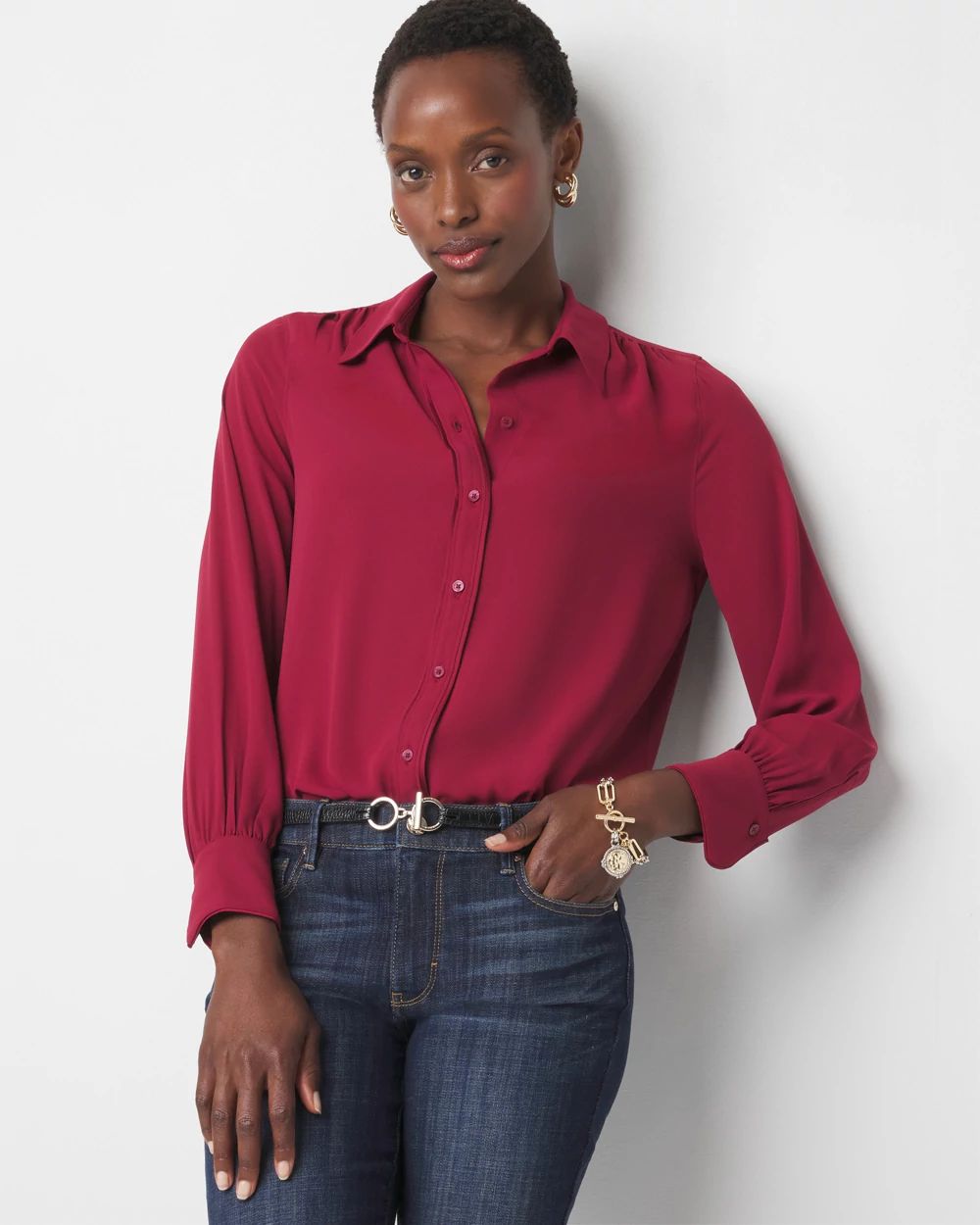 Petite Long Sleeve Soft Shirt with Piping