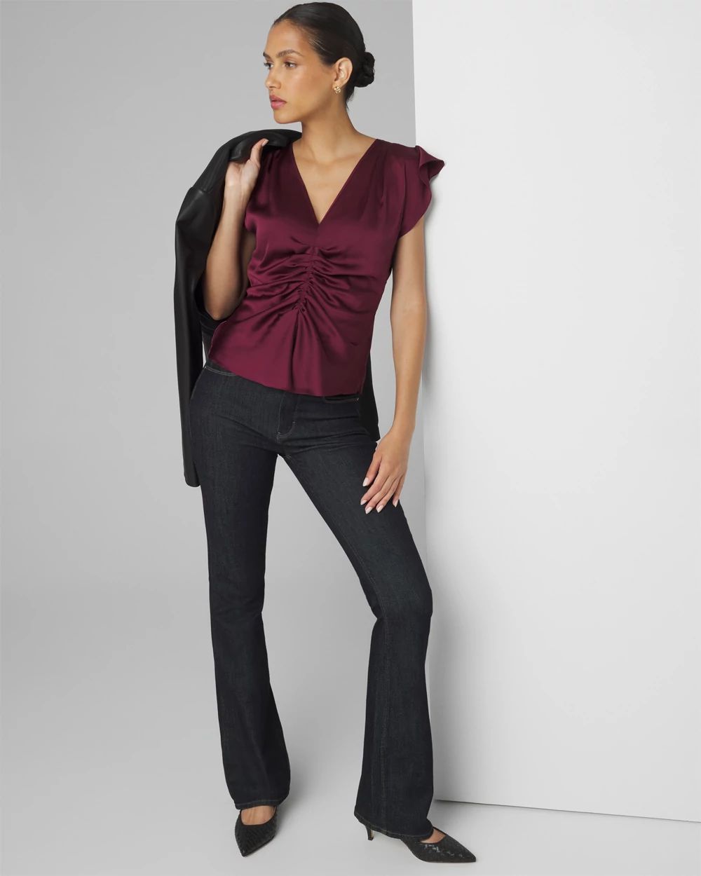 Ruched Front Flutter Sleeve Shell Top