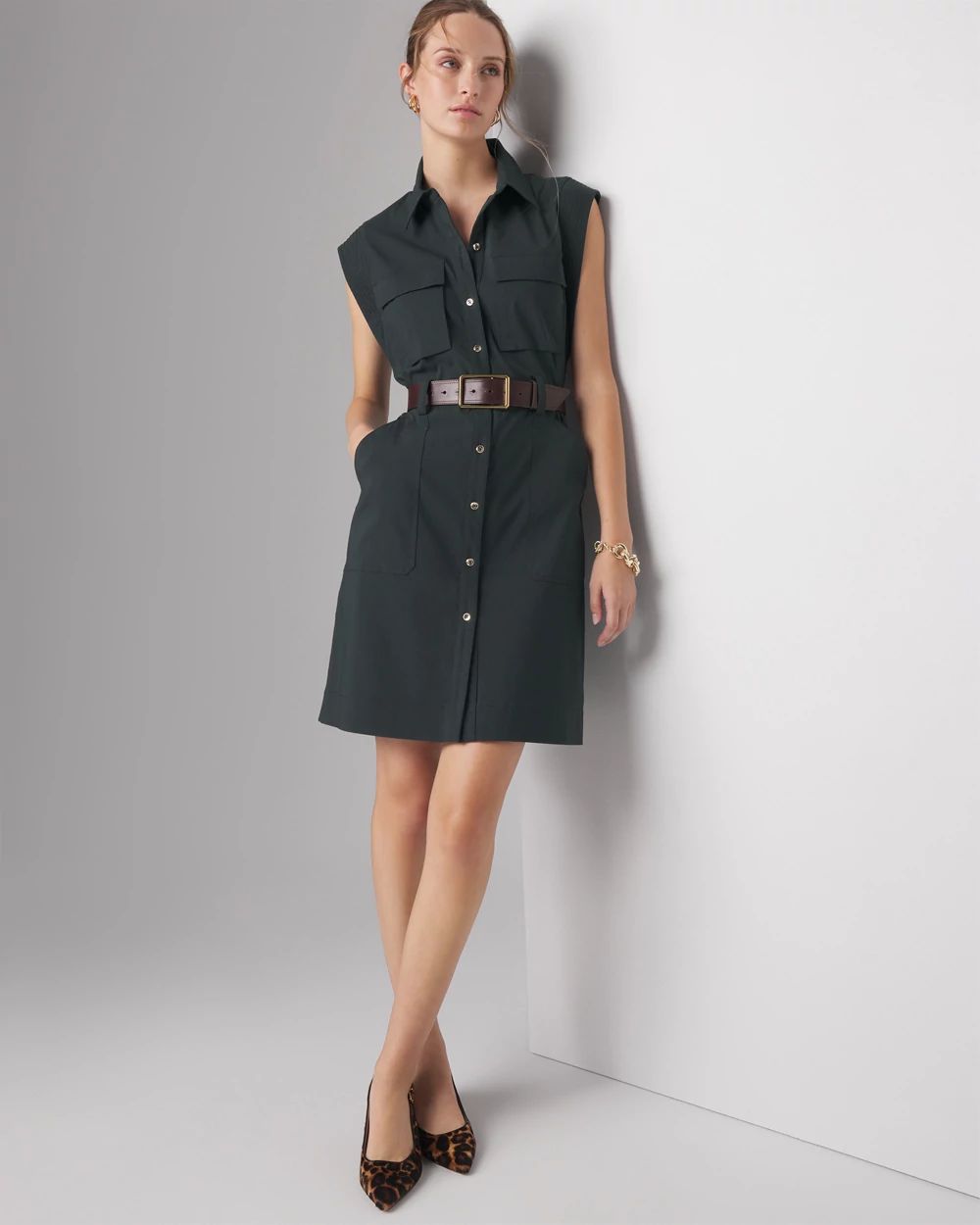 Cap-Sleeve Utility Mini Shirt Dress