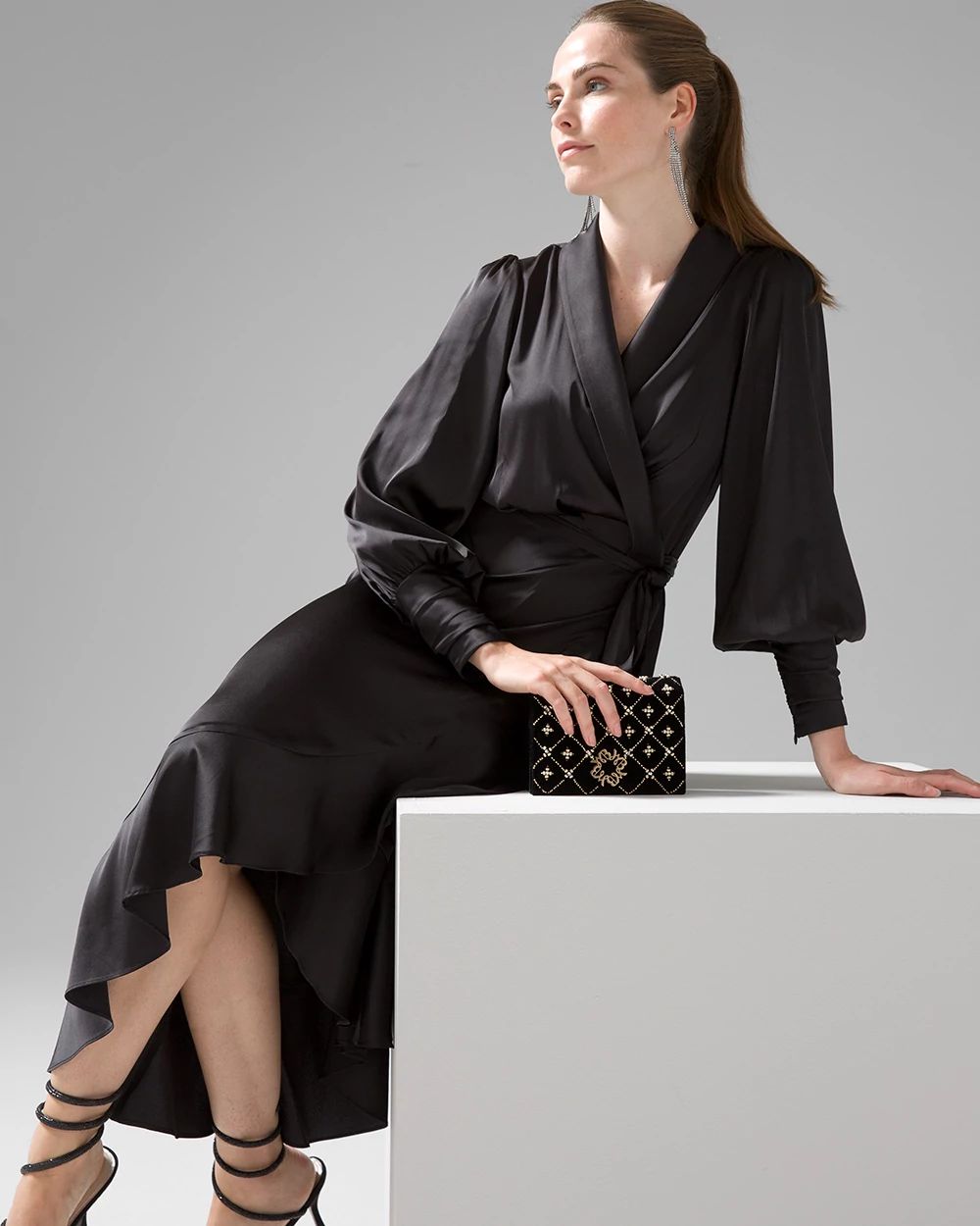 Long Sleeve Satin Ruffle Wrap Dress