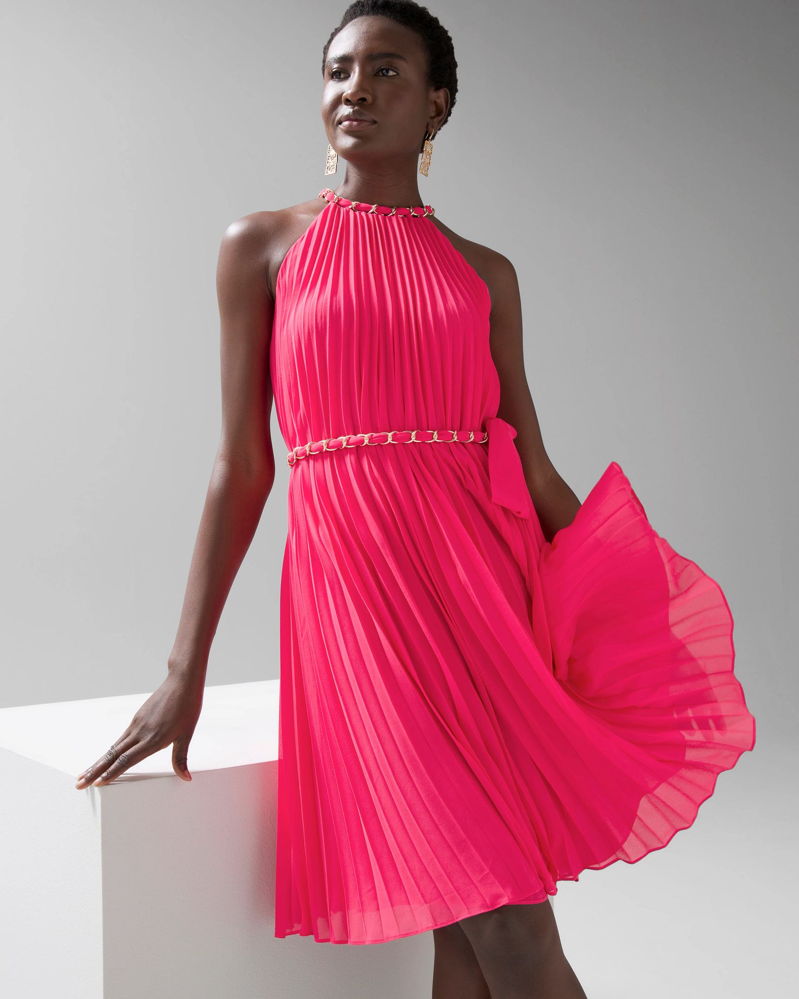 Sleeveless Pleated Halter Dress with Chain Detail