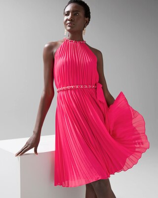 Sleeveless Pleated Halter Dress with Chain Detail