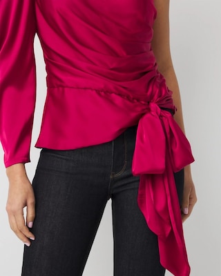 One-Shoulder Tie-Waist Satin Blouse click to view larger image.
